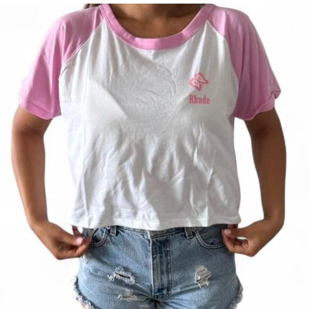 Rhude Women's White and Pink Sleeve Crop Top